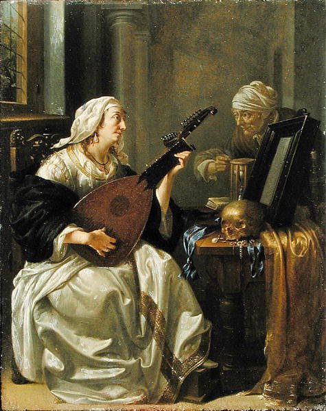 Kvinna med Theorbo, Vanitas, ca 1660 (olja på panel) av Jacob Duck