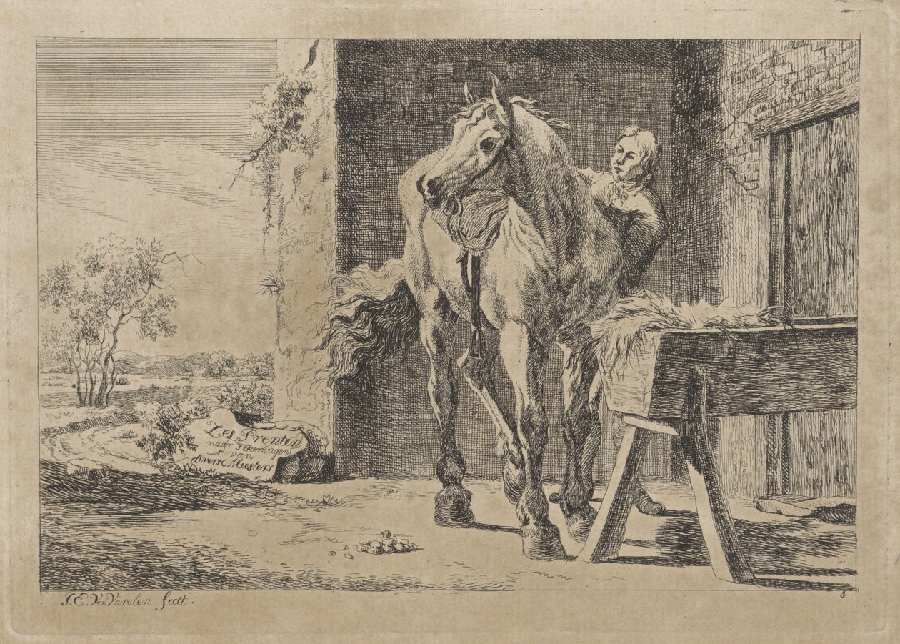 Figur med en häst vid en krubba Sex tryck efter ritningar av olika mästare (serietitel på objekt) av Jacob Elias van Varelen