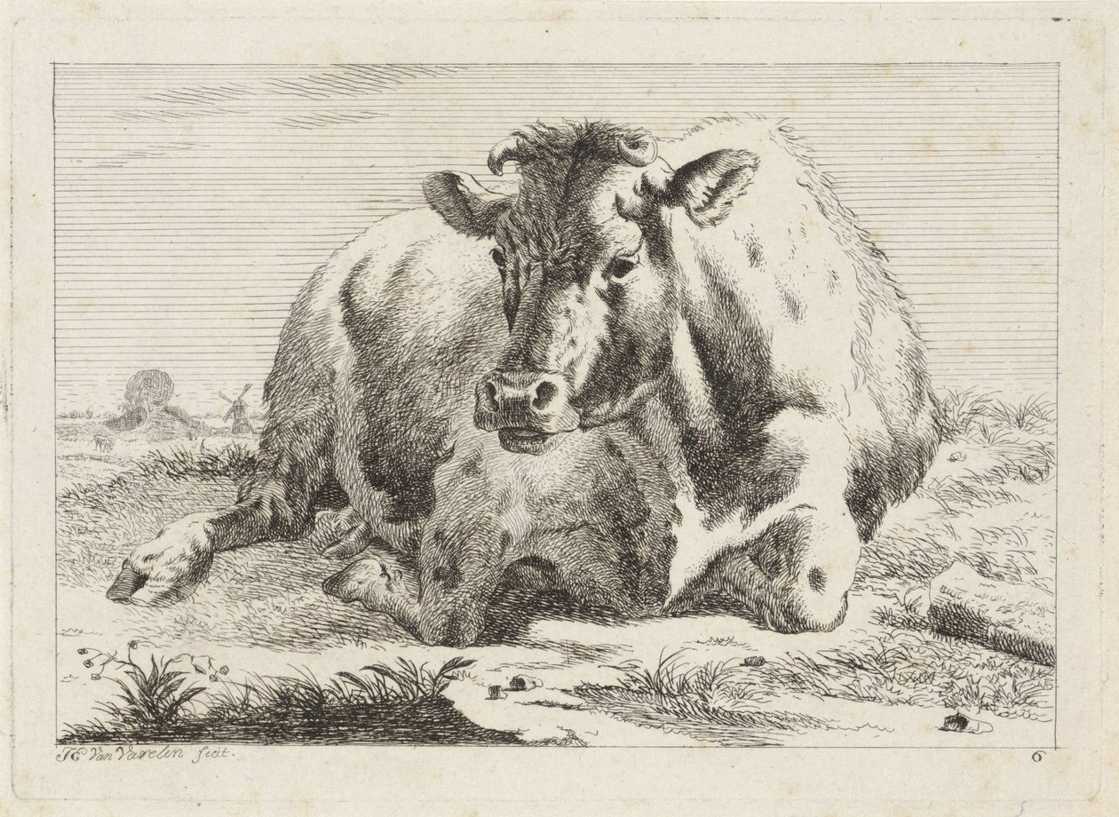 liggande ko Sex tryck efter ritningar av olika mästare (serietitel) av Jacob Elias van Varelen