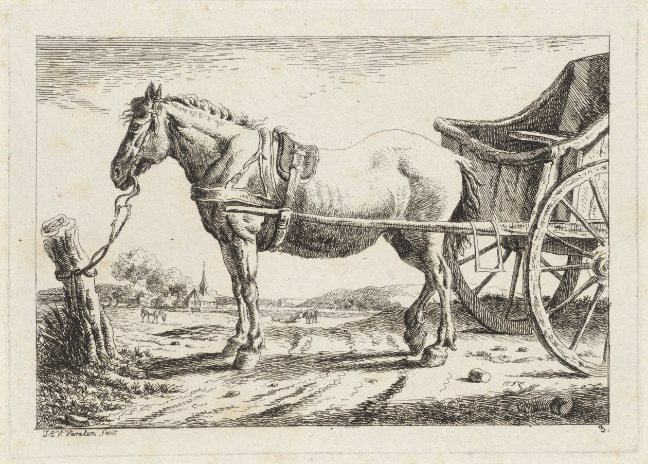 Stående häst, kopplad framför en vagn Sex tryck efter ritningar av olika mästare (serietitel) av Jacob Elias van Varelen