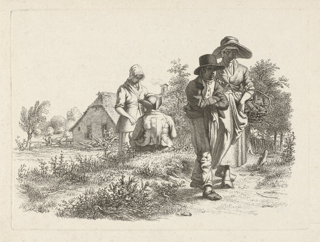 Blind kvinna och samtalande figurer på en gård Studietryck / Etudes gravées (serietitel) av Jacob Ernst Marcus