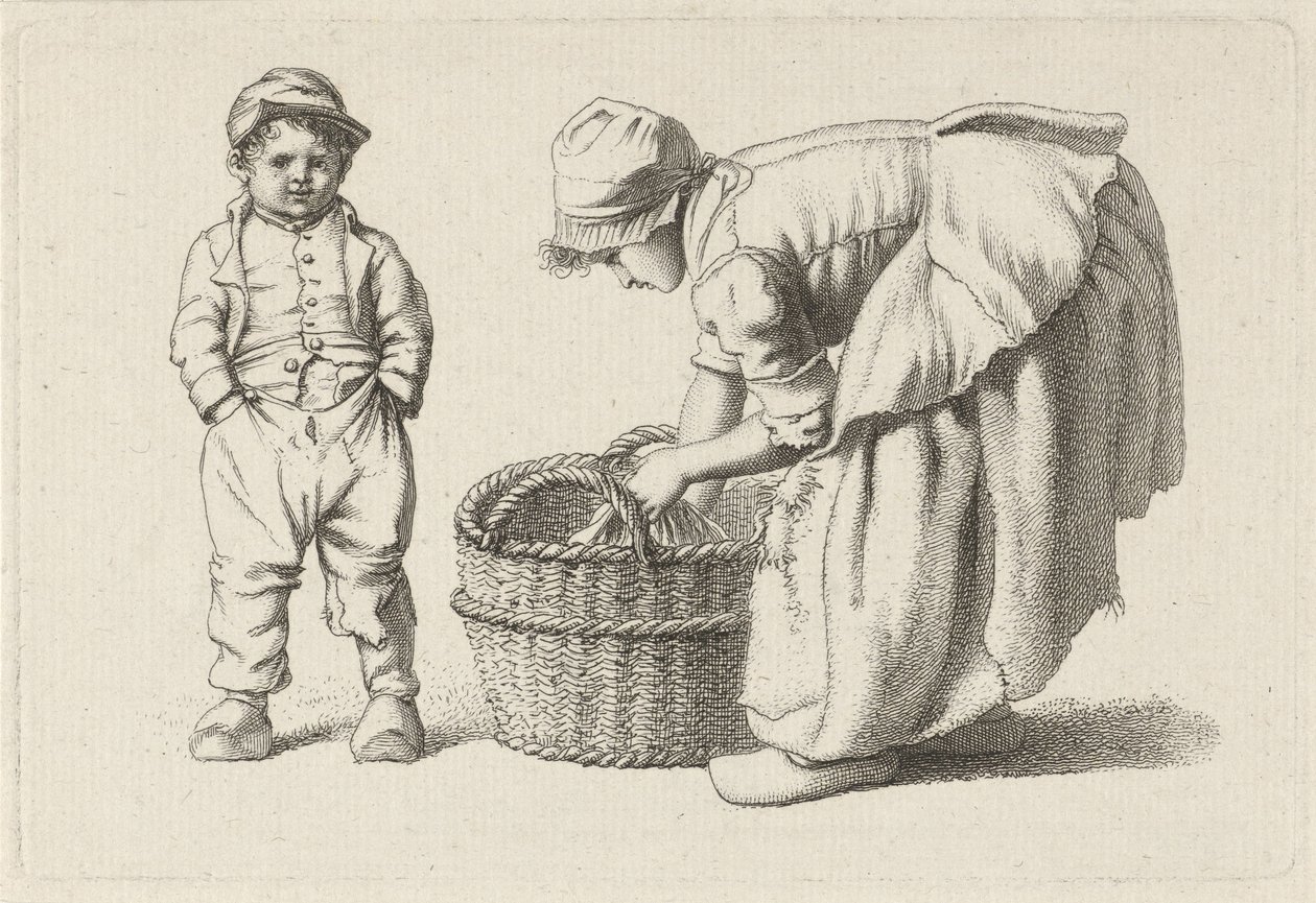 Böjande flicka nära en korg och ett barn Studietryck / Etudes gravées (serietitel) av Jacob Ernst Marcus