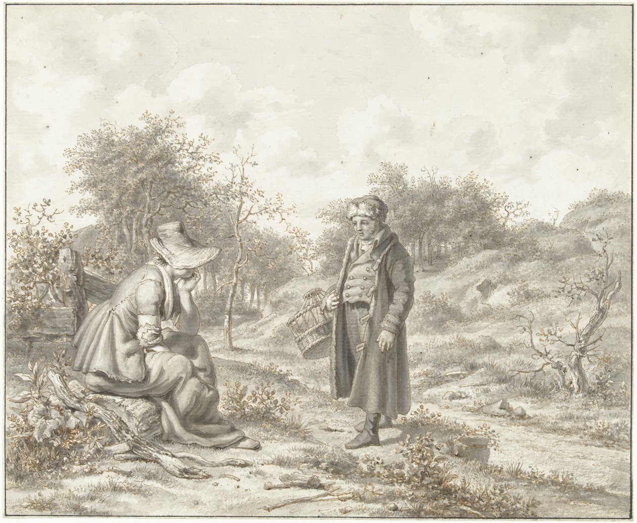 Kuperat landskap med en sittande kvinna och en stående man med en korg av Jacob Ernst Marcus