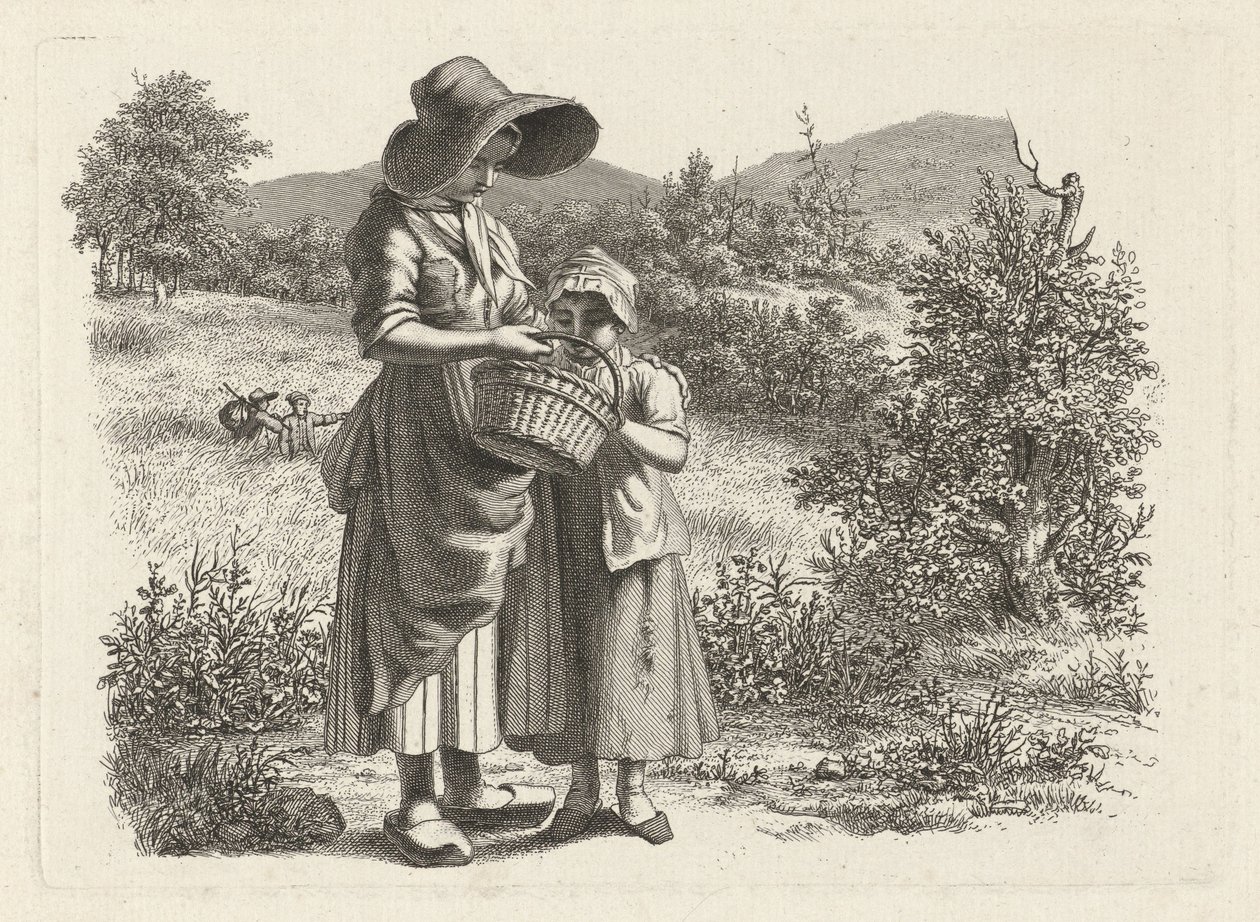 Ung kvinna och ett barn som tittar i en korg Studietryck / Etudes gravées (serietitel) av Jacob Ernst Marcus