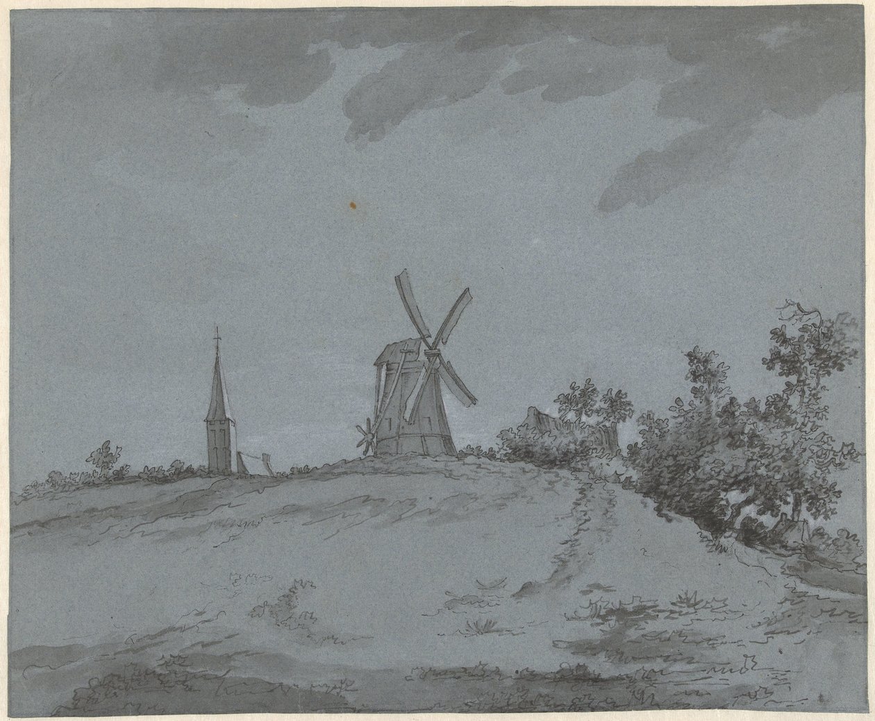 Landskap med väderkvarn och kyrka på en kulle av Jacob Ernst Marcus