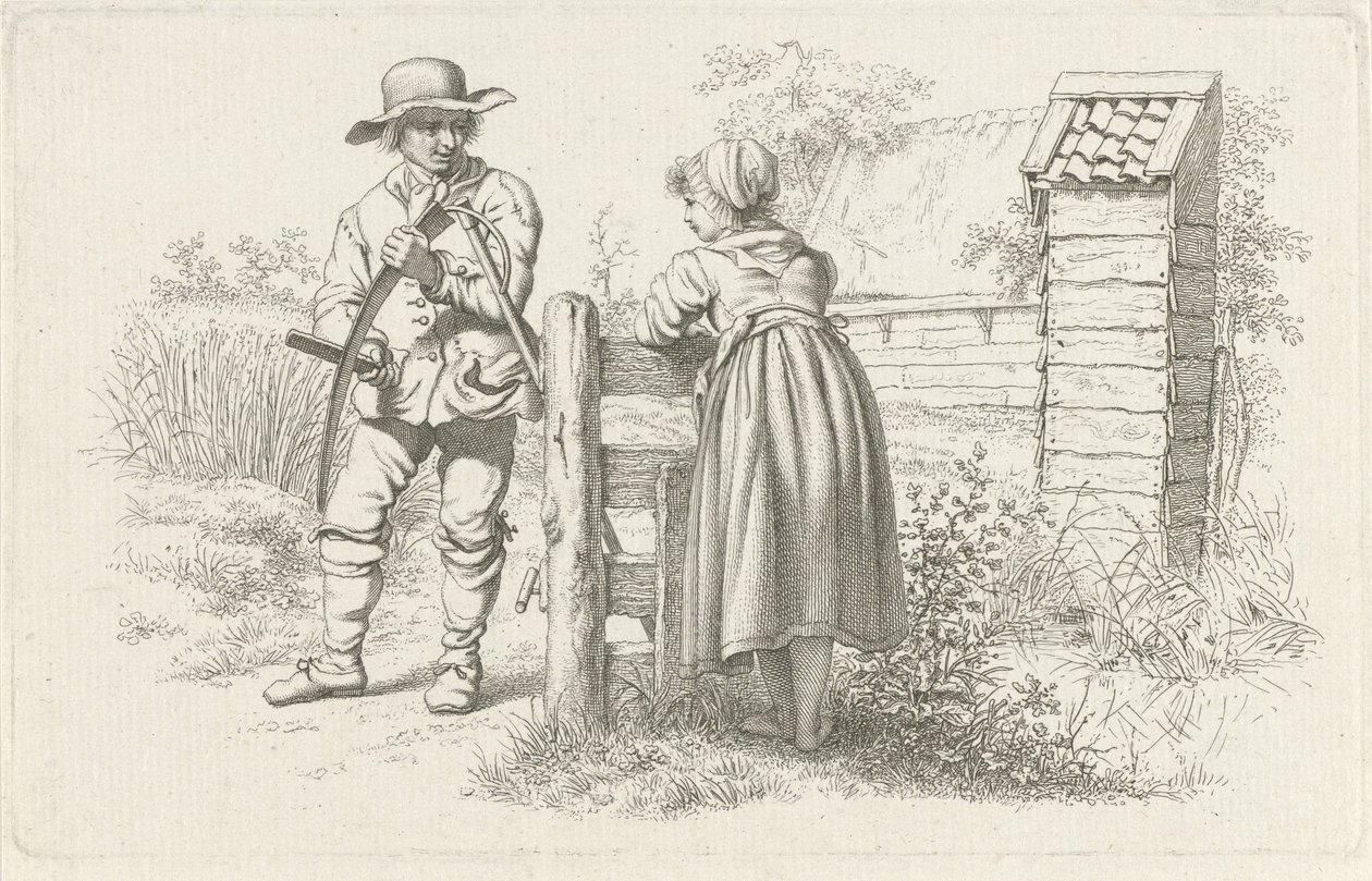 Gräsklippare pratar med en tjej Studietryck / Etudes gravées (serietitel) av Jacob Ernst Marcus