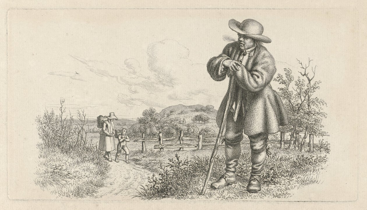Man lutad på en pinne och en kvinna med ett barn på en landsväg Studietryck / Etudes gravées (serietitel) av Jacob Ernst Marcus