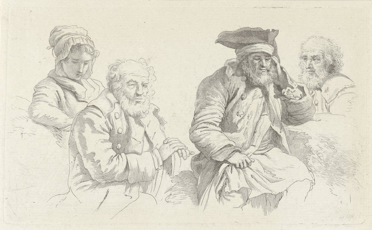 Studieblad med tre gamla män och en ung kvinna Studietryck / Etudes gravées (serietitel) av Jacob Ernst Marcus