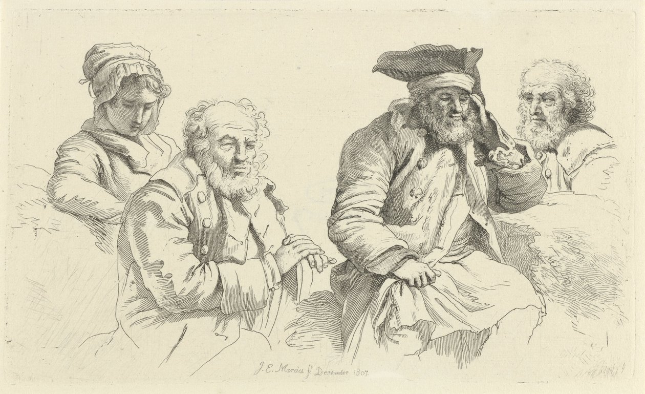 Studieblad med tre gamla män och en ung kvinna Studietryck / Etudes gravées (serietitel) av Jacob Ernst Marcus