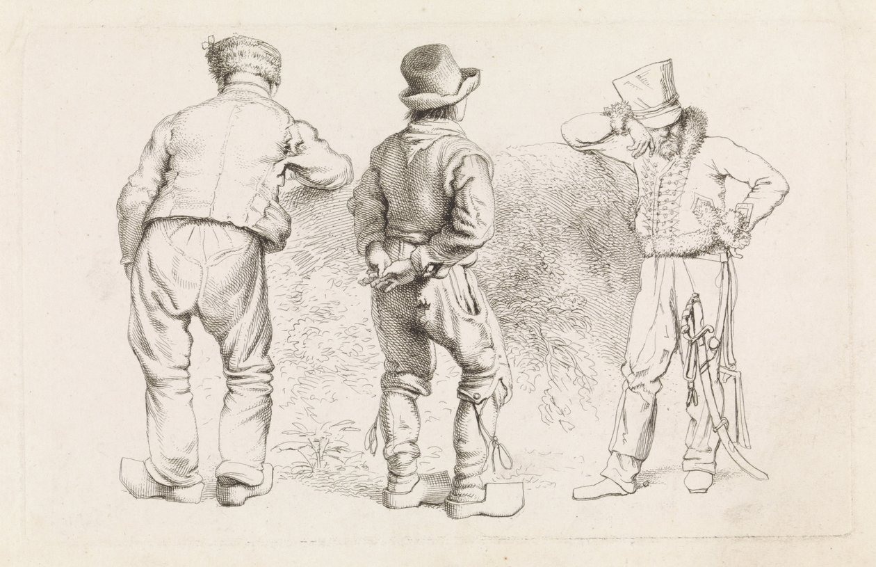 Studieblad med tre stående figurer Etudes gravées (serietitel) av Jacob Ernst Marcus