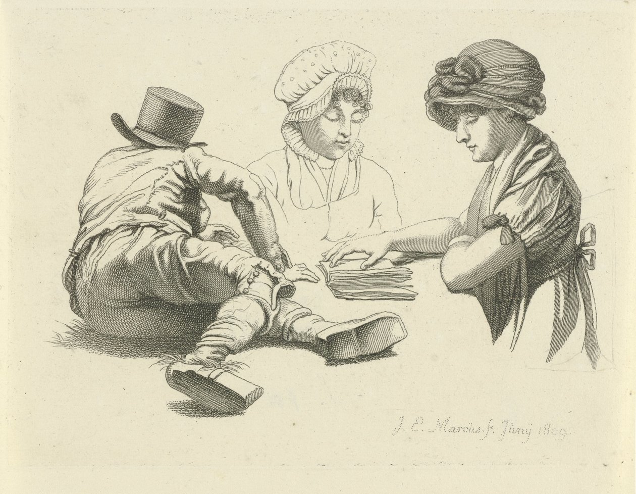 Studieblad med en liggande man och två damer Studietryck / Etudes gravées (serietitel) av Jacob Ernst Marcus