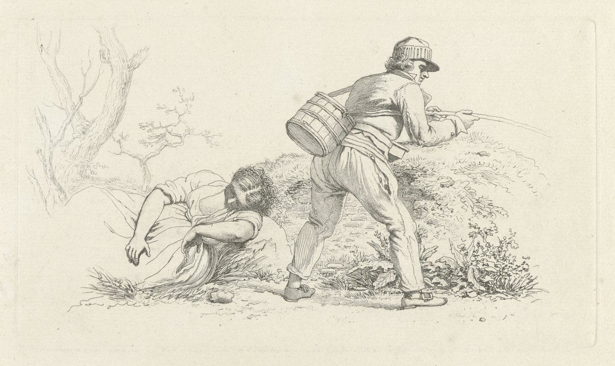 Studieblad med en sovande kvinna och en sportfiskare Studietryck / Etudes gravées (serietitel) av Jacob Ernst Marcus