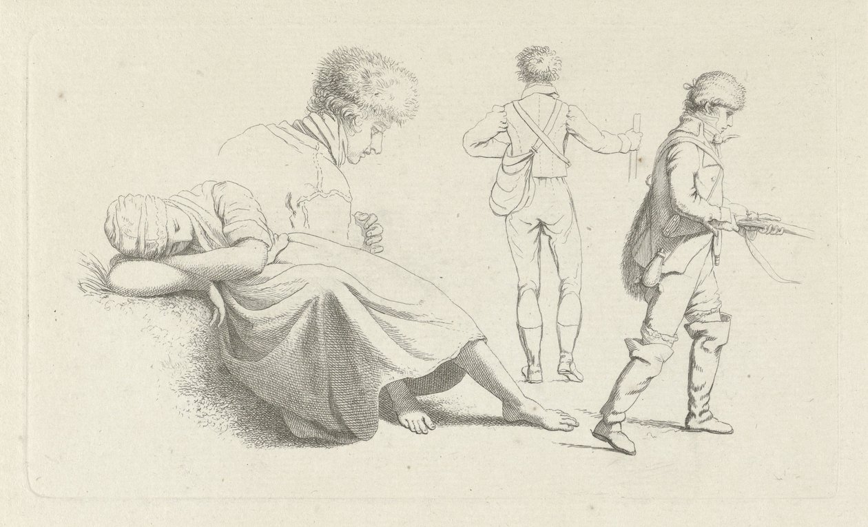 Studieblad med en sovande kvinna och en jägare Studietryck / Etudes gravées (serietitel) av Jacob Ernst Marcus