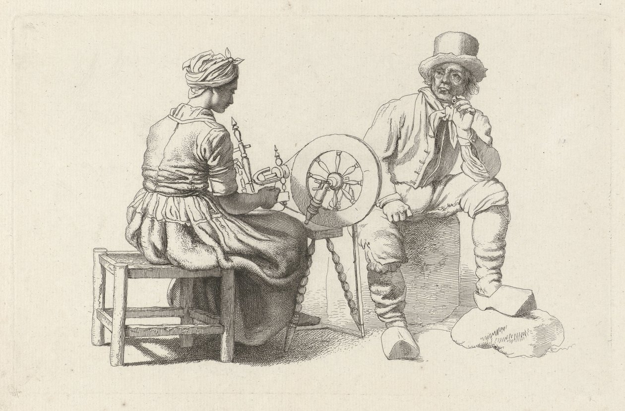 Studieark med en kvinna vid ett snurrande hjul och en sittande man Studietryck / Etudes gravées (serietitel) av Jacob Ernst Marcus