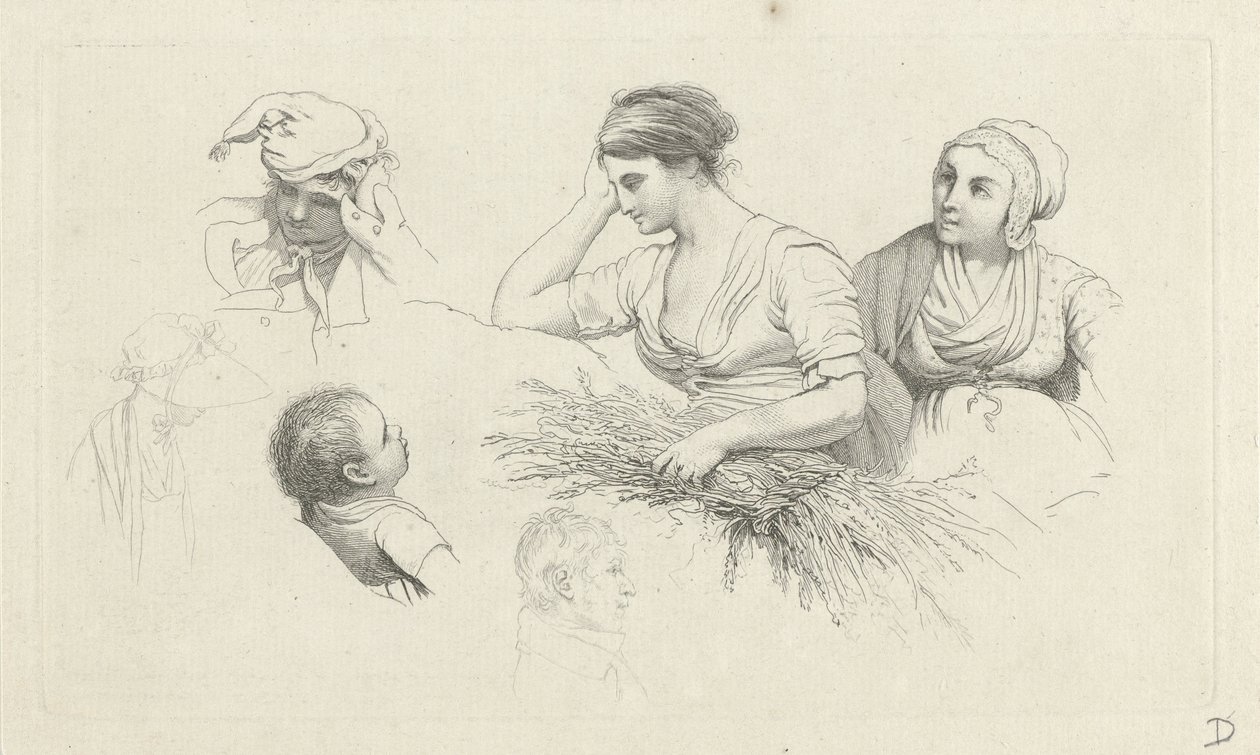 Studieblad med en kvinna med ett knippe grenar och figurer Studietryck / Etudes gravées (serietitel) av Jacob Ernst Marcus
