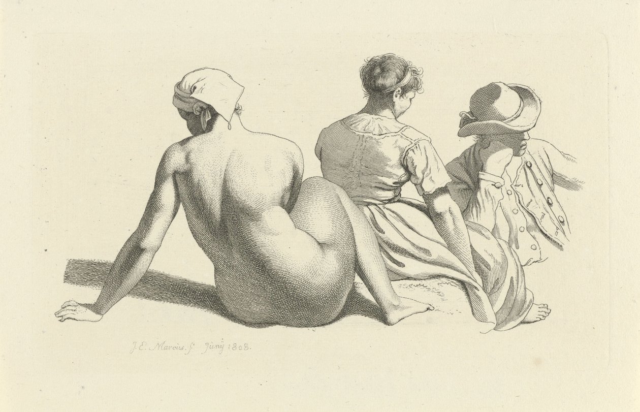 Studieblad med en sittande naken och två figurer Studietryck / Etudes gravées (serietitel) av Jacob Ernst Marcus