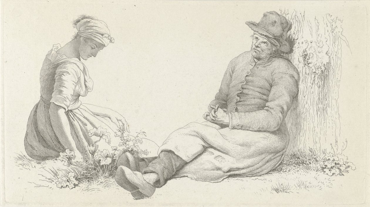 Studieblad med en sittande man och en ung kvinna Studietryck / Etudes gravées (serietitel) av Jacob Ernst Marcus