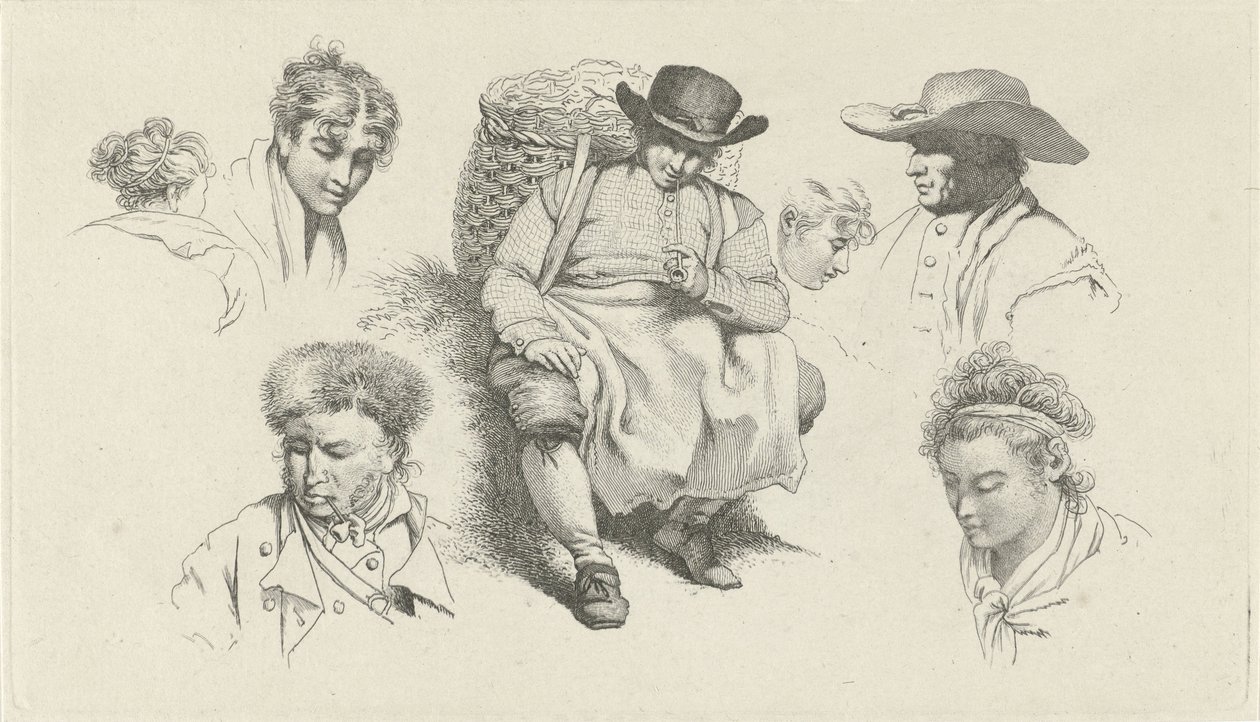 Studieblad med figurer och en vilande fiskhandlare med pipa Studietryck / Etudes gravées (serietitel) av Jacob Ernst Marcus