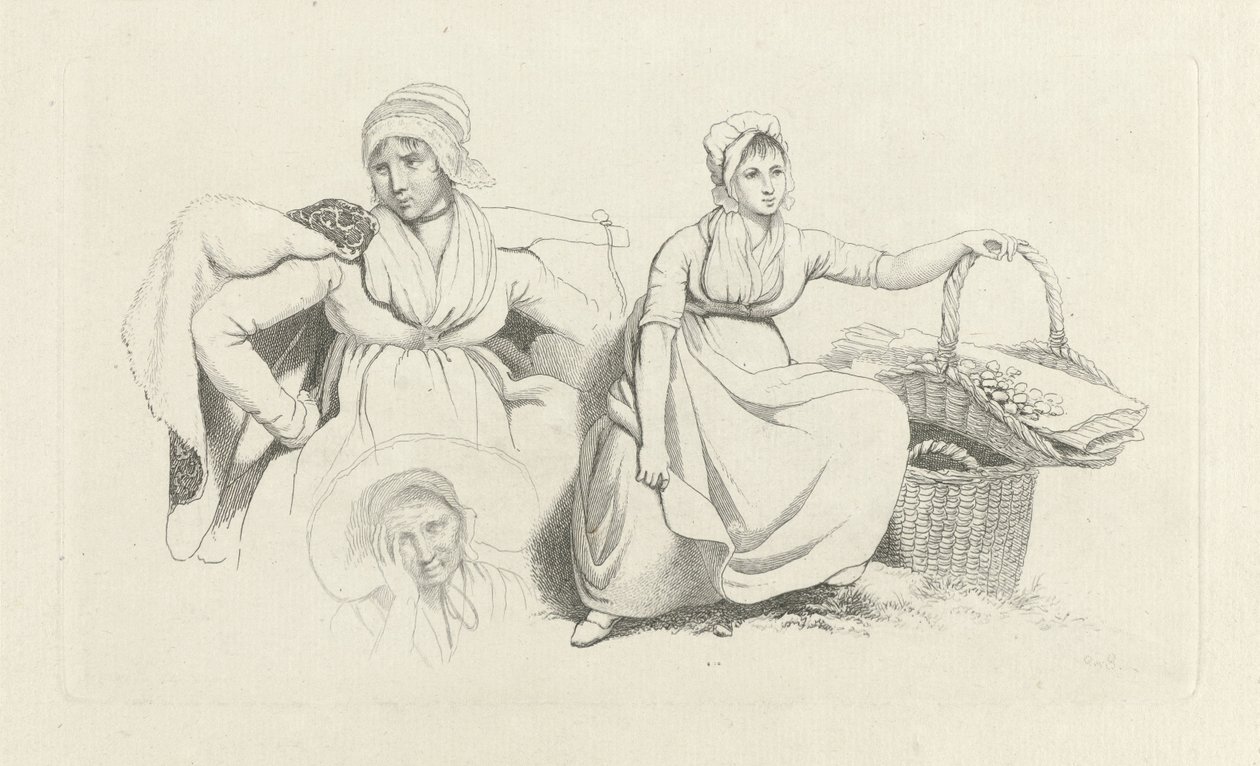 Studieblad med två kvinnor och ett huvud Studietryck / Etudes gravées (serietitel) av Jacob Ernst Marcus