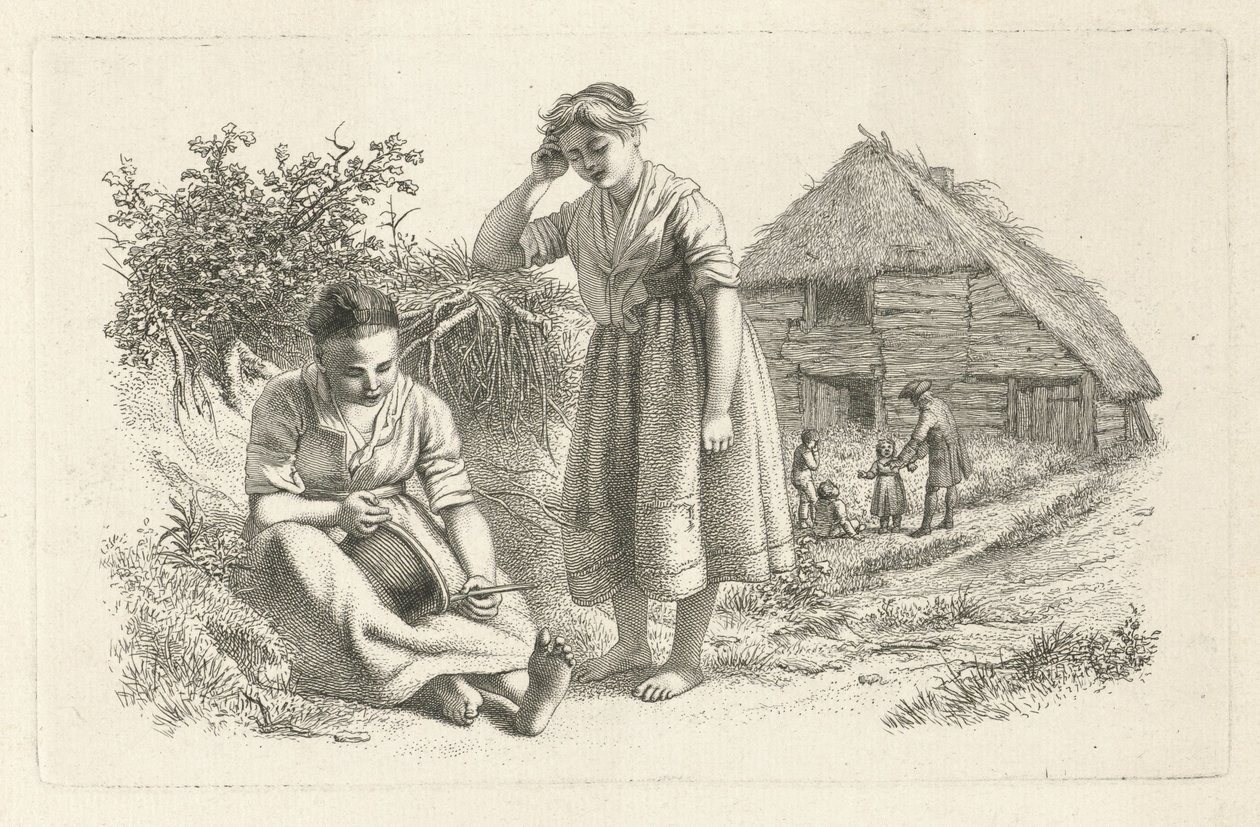 Två kvinnor och en man med barn framför en lada Studietryck / Etudes gravées (serietitel) av Jacob Ernst Marcus