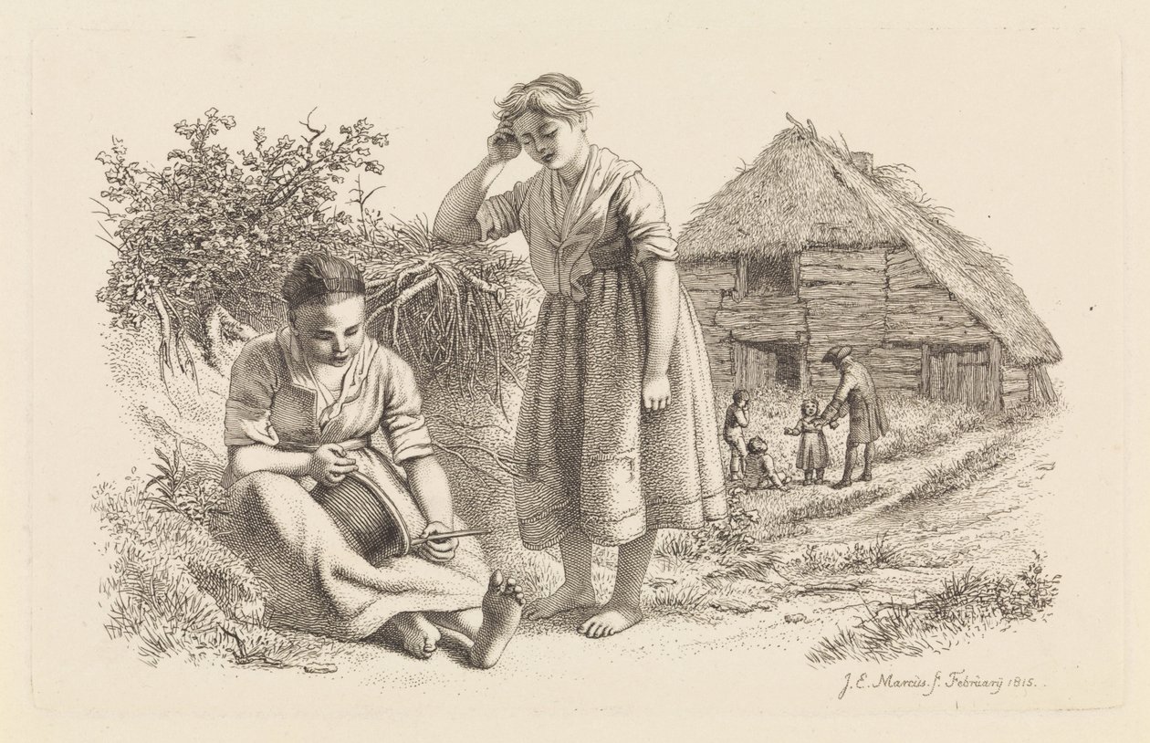 Två kvinnor och en man med barn framför en lada Studietryck / Etudes gravées (serietitel) av Jacob Ernst Marcus