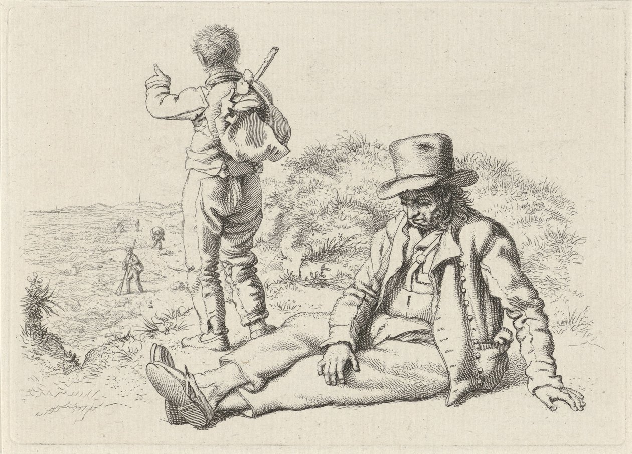 Sittande och en stående man på en strand Studietryck / Etudes gravées (serietitel) av Jacob Ernst Marcus