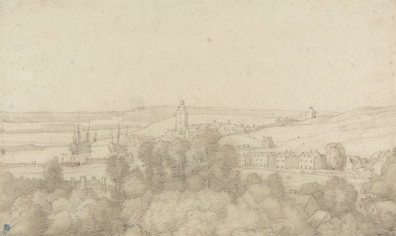 En vy av Chatham från väst (penna och bläck över grafit på papper) av Jacob Esselens