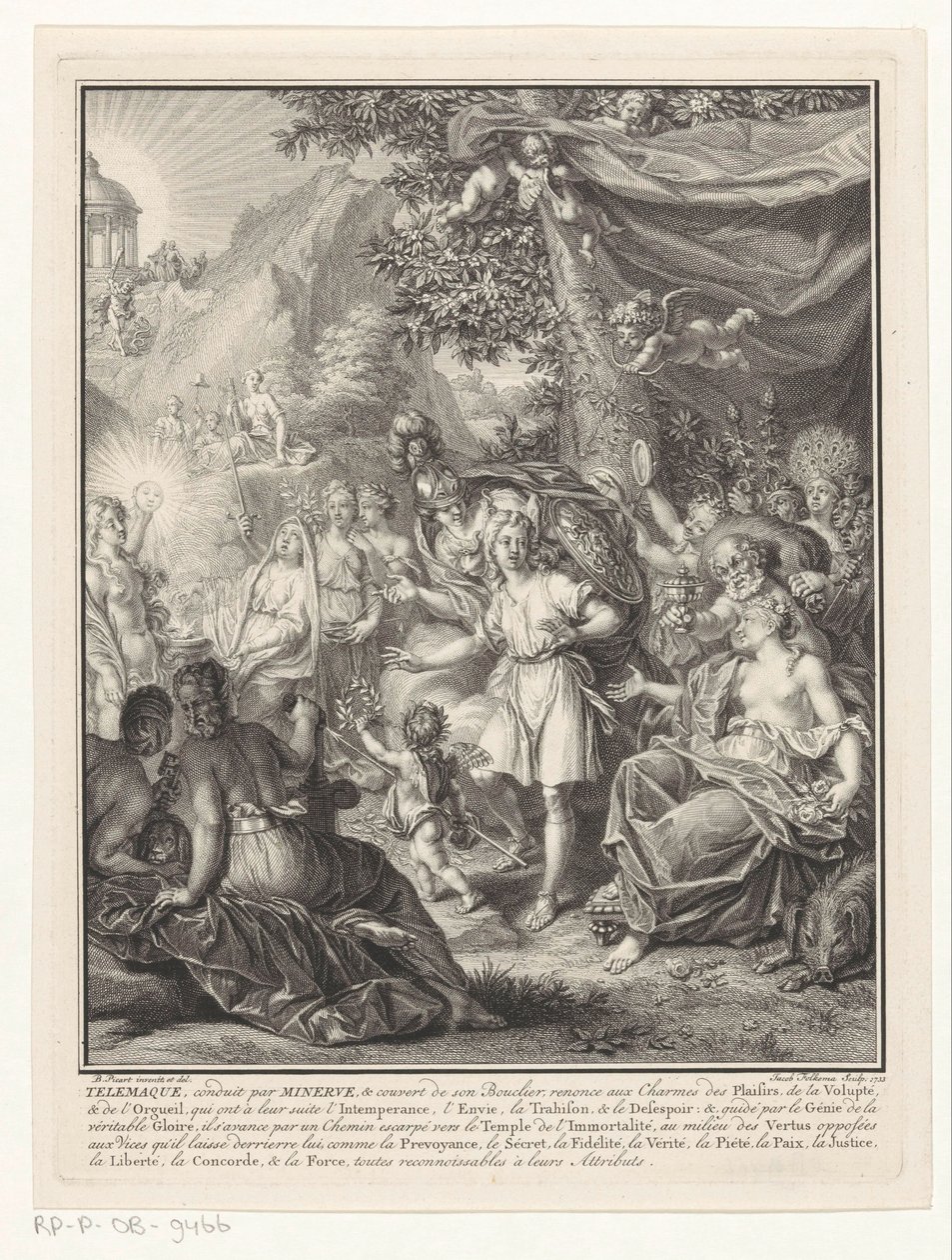 Allegorisk framställning med Telemachos och Minerva Titelsida för: François de Fénelon, Les avantures de Telemaque, 1734 av Jacob Folkema