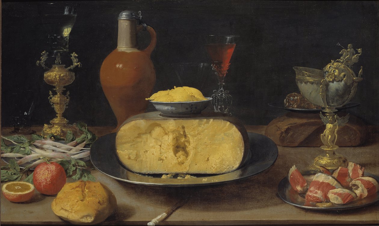 Frukoststilleben med ost och bägare - Frukoststilleben med ost och bägare, av Van Es, Jacob Foppens (ca 1596-1666). Olja på trä. Mått: 50x84cm. Nationalmuseum Stockholm av Jacob  Foppens van Es