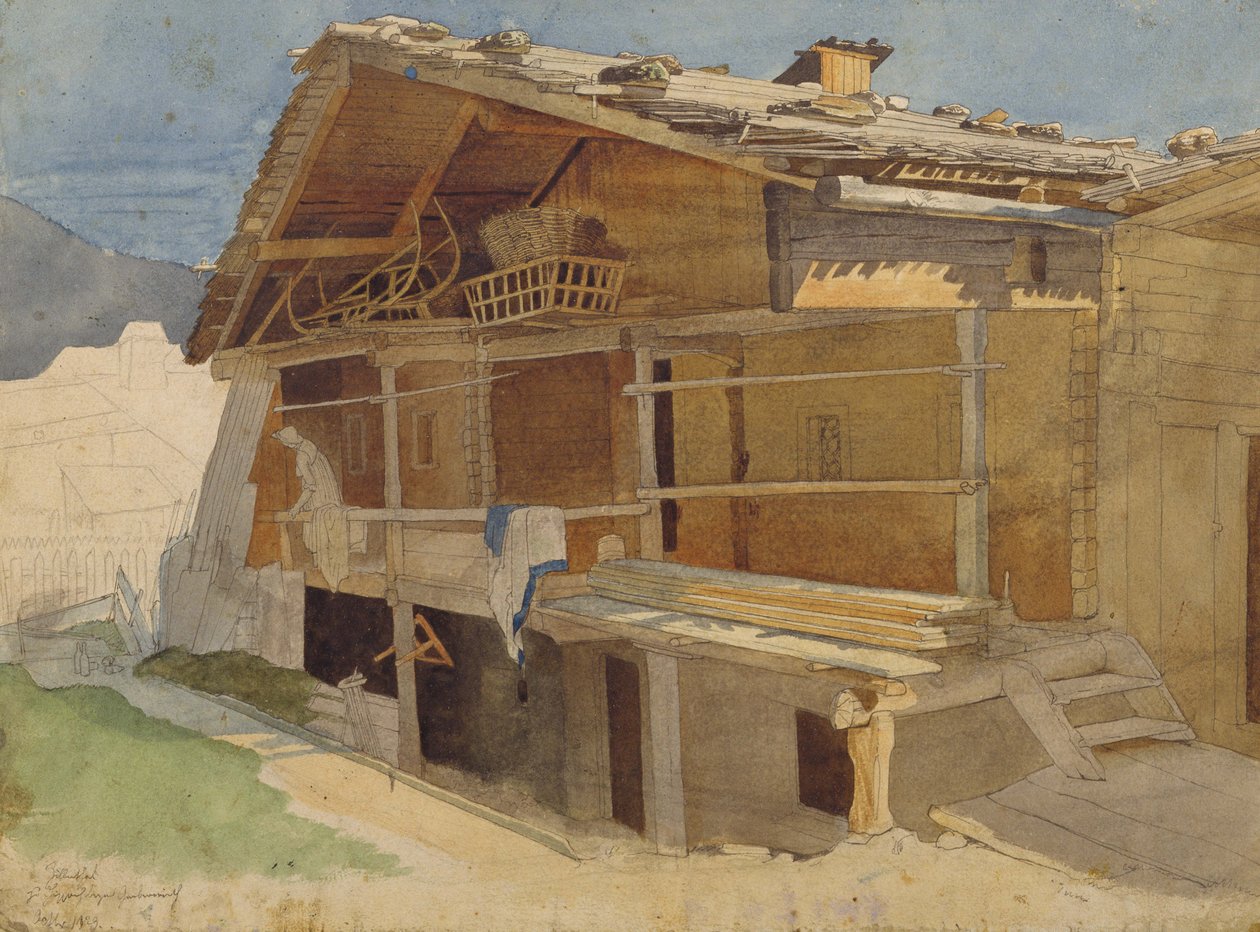 Farmhouse under Construction, 1829 (penna & bläck och wc på papper) av Jacob Gensler