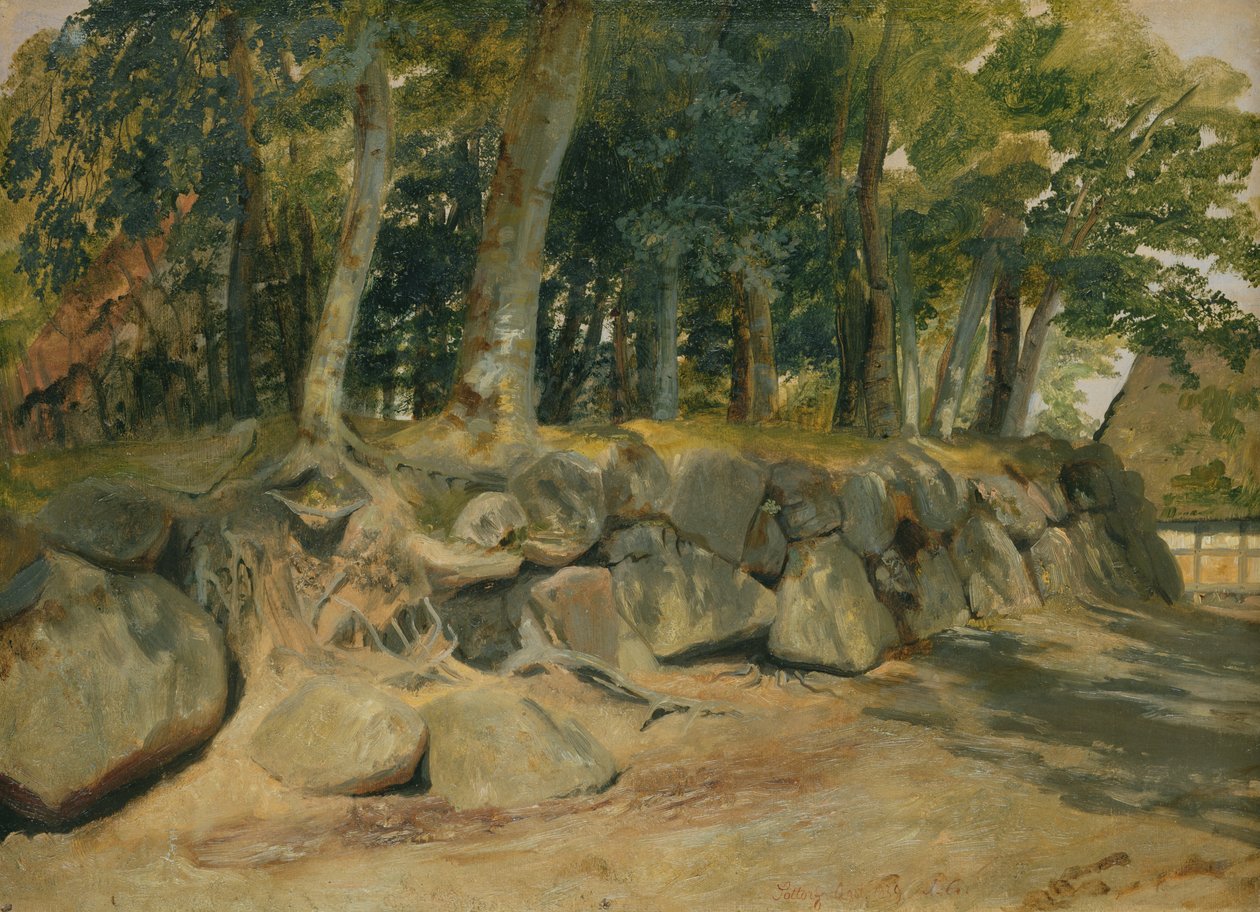 Stenmuren i Sottorf, 1839 (olja på papper på kort) av Jacob Gensler