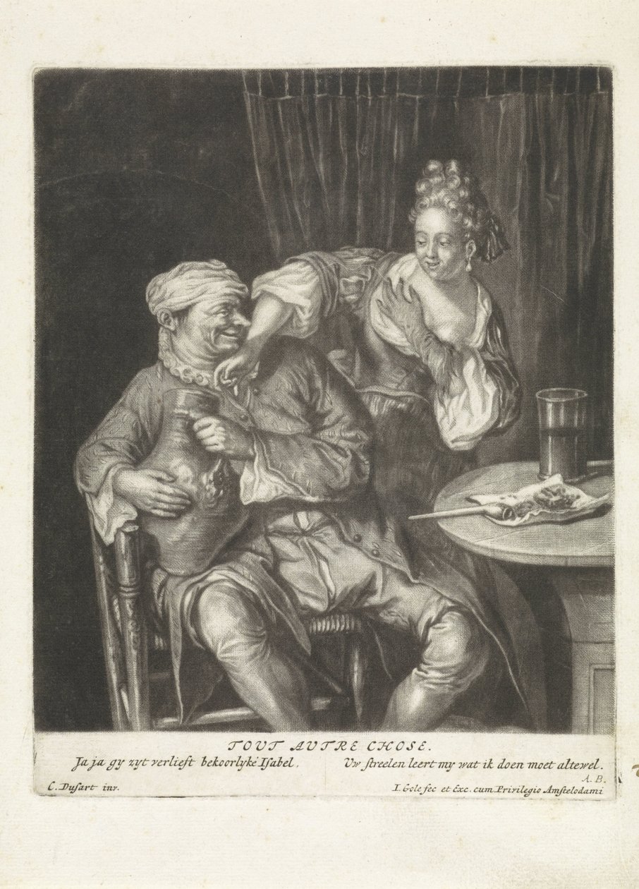 Kvinna och man med en vinkanna Tout Autre Chose (titel på objekt) av Jacob Gole