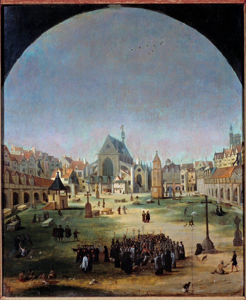 kyrkogården för de oskyldiga och dess massgrav under Francois I:s regering Målning av Jakob Grimer (1526-c. 1589) av Jacob Grimmer