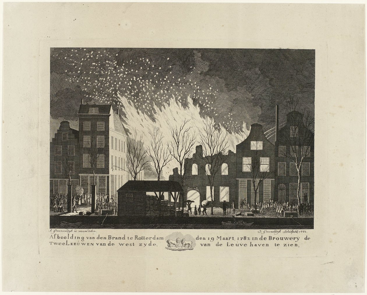 Brand i bryggeriet De Twee Leeuwen i Rotterdam, 1782 Bild på den Brand i Rotterdam den 19 mars 1782 i Brouwery de Twee Leeuwen från västra sidan av Leuvehaven (titel på objektet) av Jacob Groenendijk