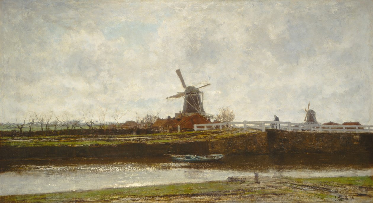 Utsikt över kvarnen och bron på Noordwest Buitensingel i Haag, 1873. av Jacob Henricus Maris