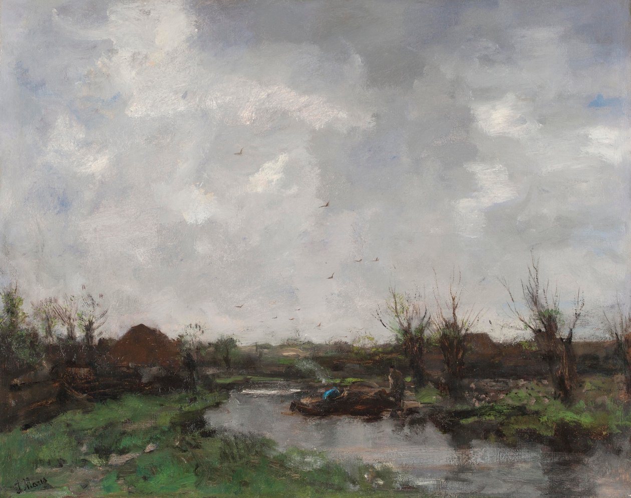 Ett flodlandskap med bondgårdar, sent 1870-tal av Jacob Henricus or Hendricus Maris