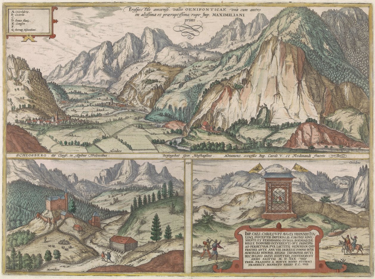 Tre ansikten i och runt Inn-dalen i Österrike, med Alperna i bakgrunden av Jacob Hoefnagel (possibly)