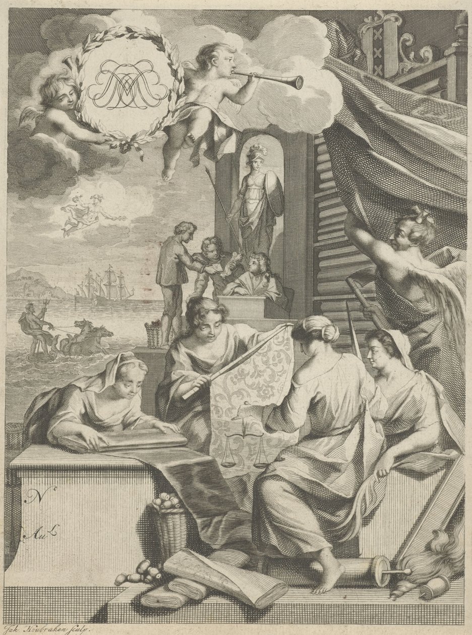 Sidenhandel och allegoriska figurer av Jacob Houbraken