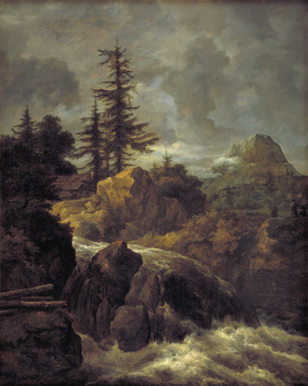 Landskap med ett vattenfall och en koja av Jacob van Ruisdael