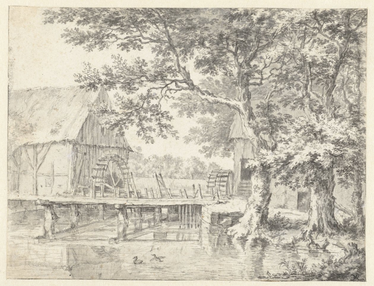 Vy över två vattenkvarnar som flankerar en sluss av Jacob van Ruisdael