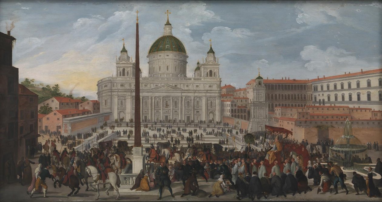 En påvlig procession på Piazza San Pietro i Rom av Jacob Isaacsz. van Swanenburg