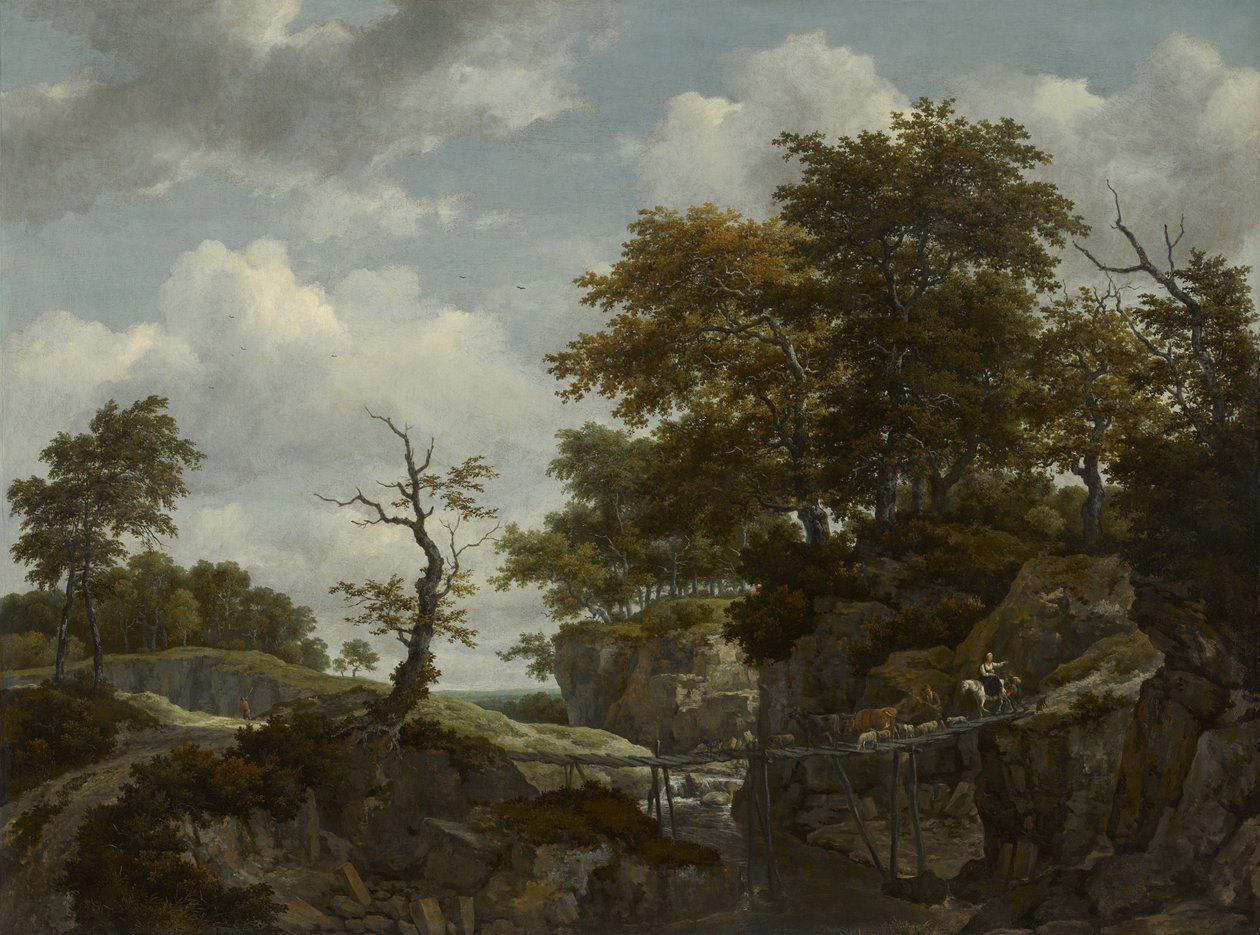 Landskap med bro, boskap och figurer, c.1660 av Jacob van Ruisdael