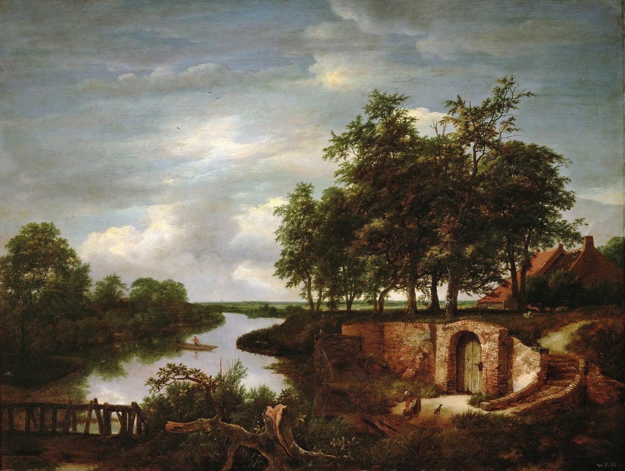 Flodlandskap med källaringång - Jacob Isaacksz van Ruisdael (1628/29-1682). olja på trä av Jacob van Ruisdael