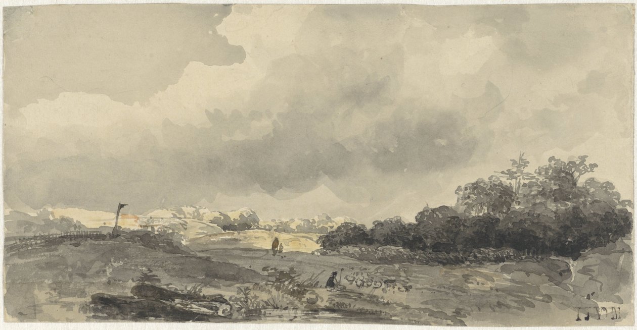 Landskap med herde under tung molnig himmel av Jacob Jan van der Maaten
