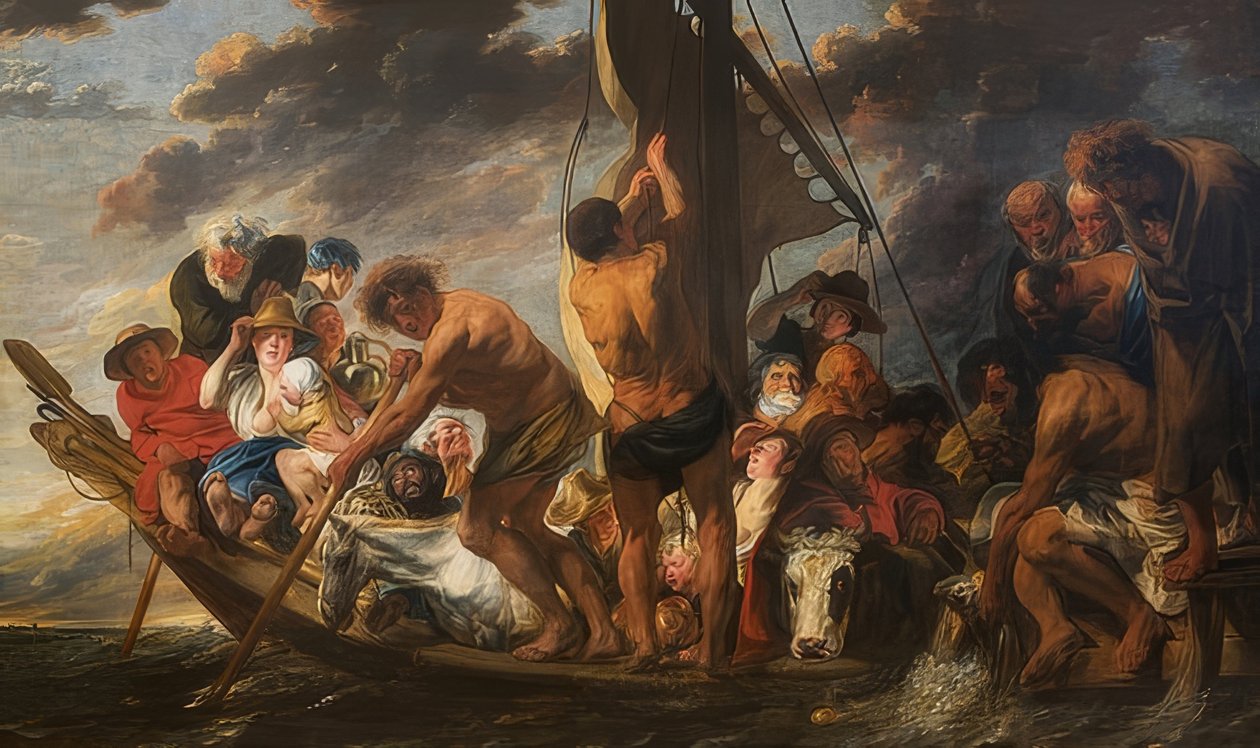 Räntekronan. Peters fantastiska fiskeexpedition. (även: färja till Antwerpen). Omkring 1623 av Jacob Jordaens