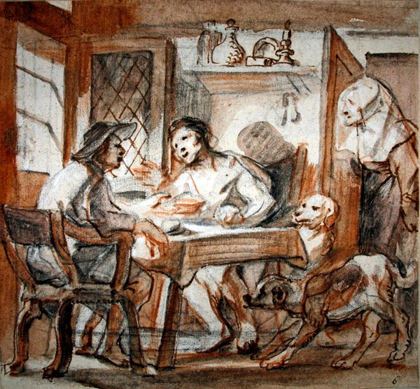 Esau säljer sin förstfödslorätt till Jakob (svart och röd krita, penna och brunt bläck, brun tvätt, förstärkt med vitt) av Jacob Jordaens