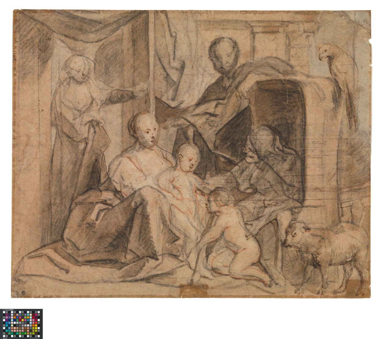 Tyska: Den heliga familjen med Elisabeth och Johannes Döparen (baksida: dörr, dörröppning och Hermes)
Nederländska: De Heilige Familie met Elisabeth en de kleine Johannes (baksida: Deur, deuropening en Hermes) av Jacob Jordaens