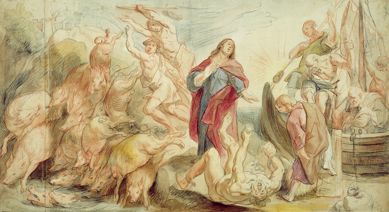 Jesus driver djävulen från de besatta (krita & wc på papper) av Jacob Jordaens
