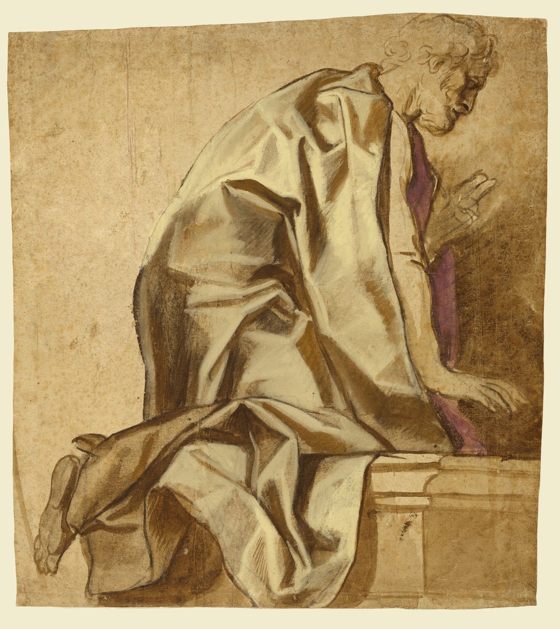 Knästående man, vänd åt höger (recto); Skisser av figurer (verso) av Jacob Jordaens