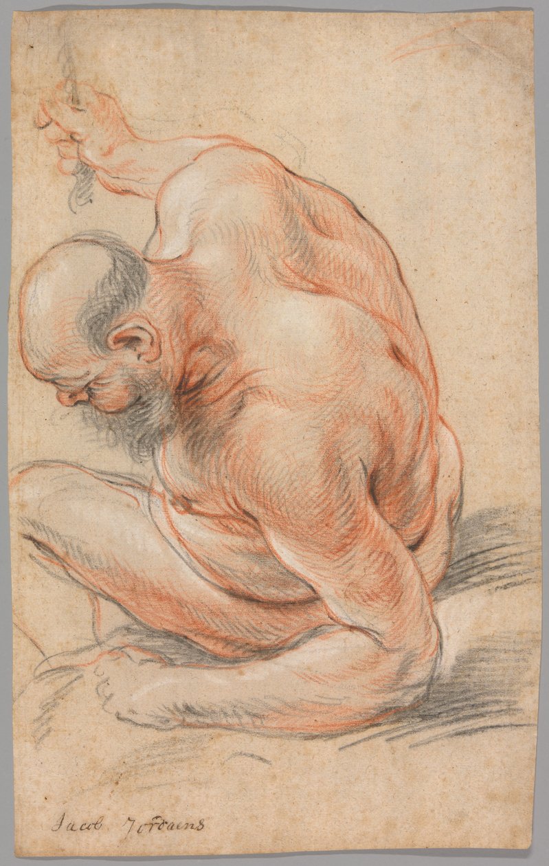 Naken gammal man sittande, lutad på sin underarm, vänd åt vänster av Jacob Jordaens